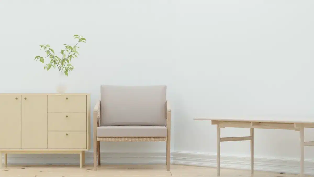 Modernes Wohnzimmer mit minimalistischem Design, neutraler Farbpalette und einheitlichen Designobjekten