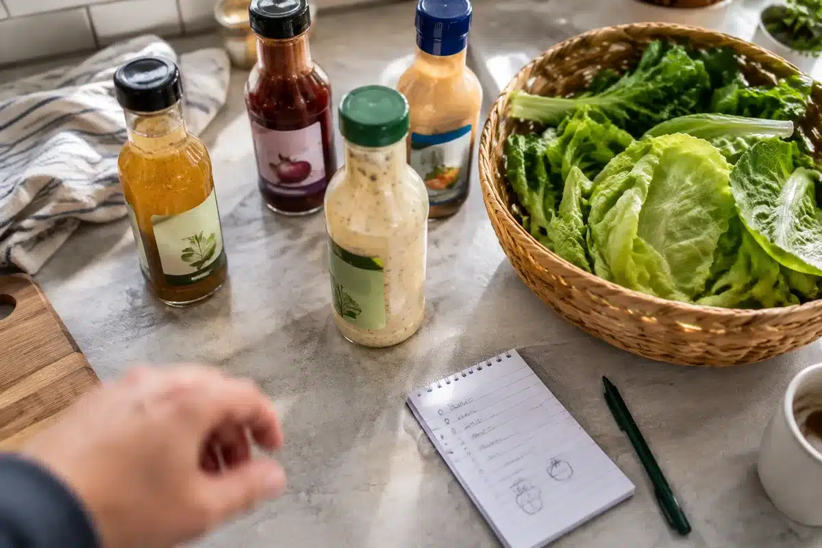 Person kündigt an, sich mit Salatsoße einzudecken